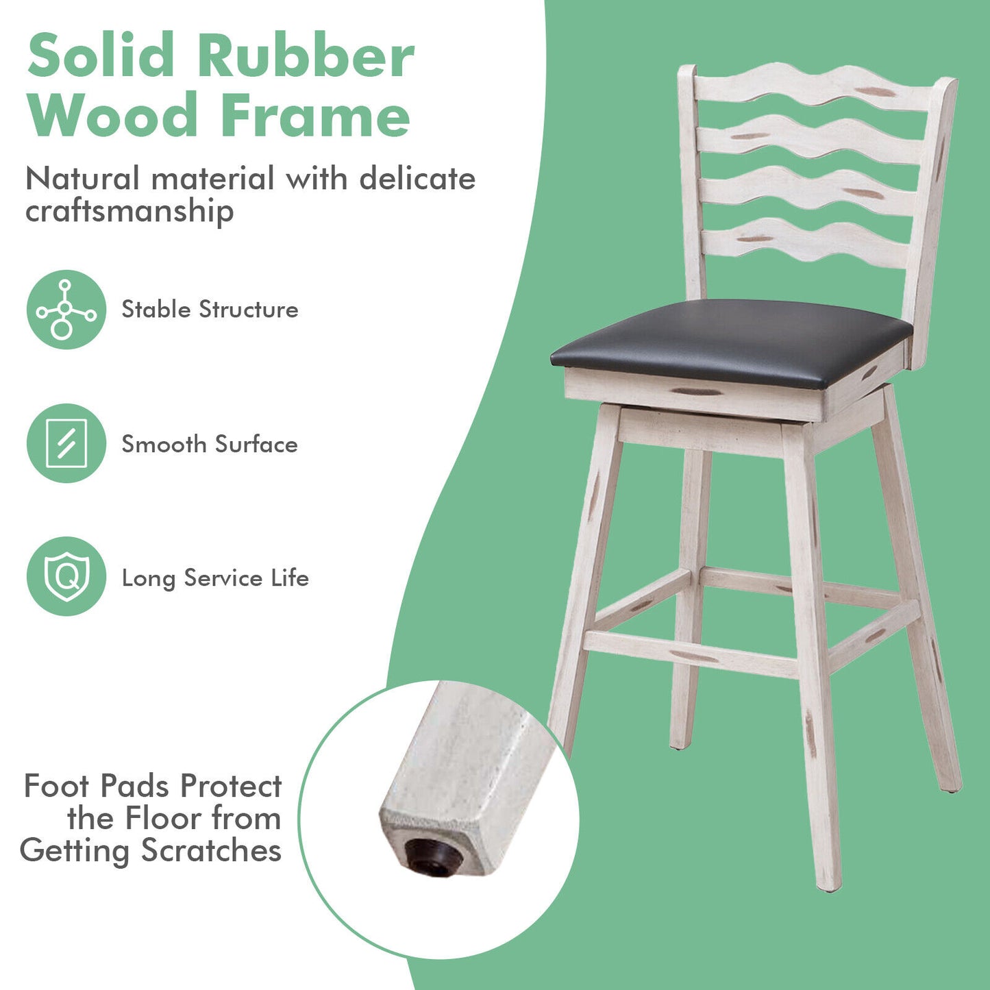 Pair of 29 Inch Swivel Bar Stools with Rubber Wood Frame and Ergonomic Backrest with Footrest