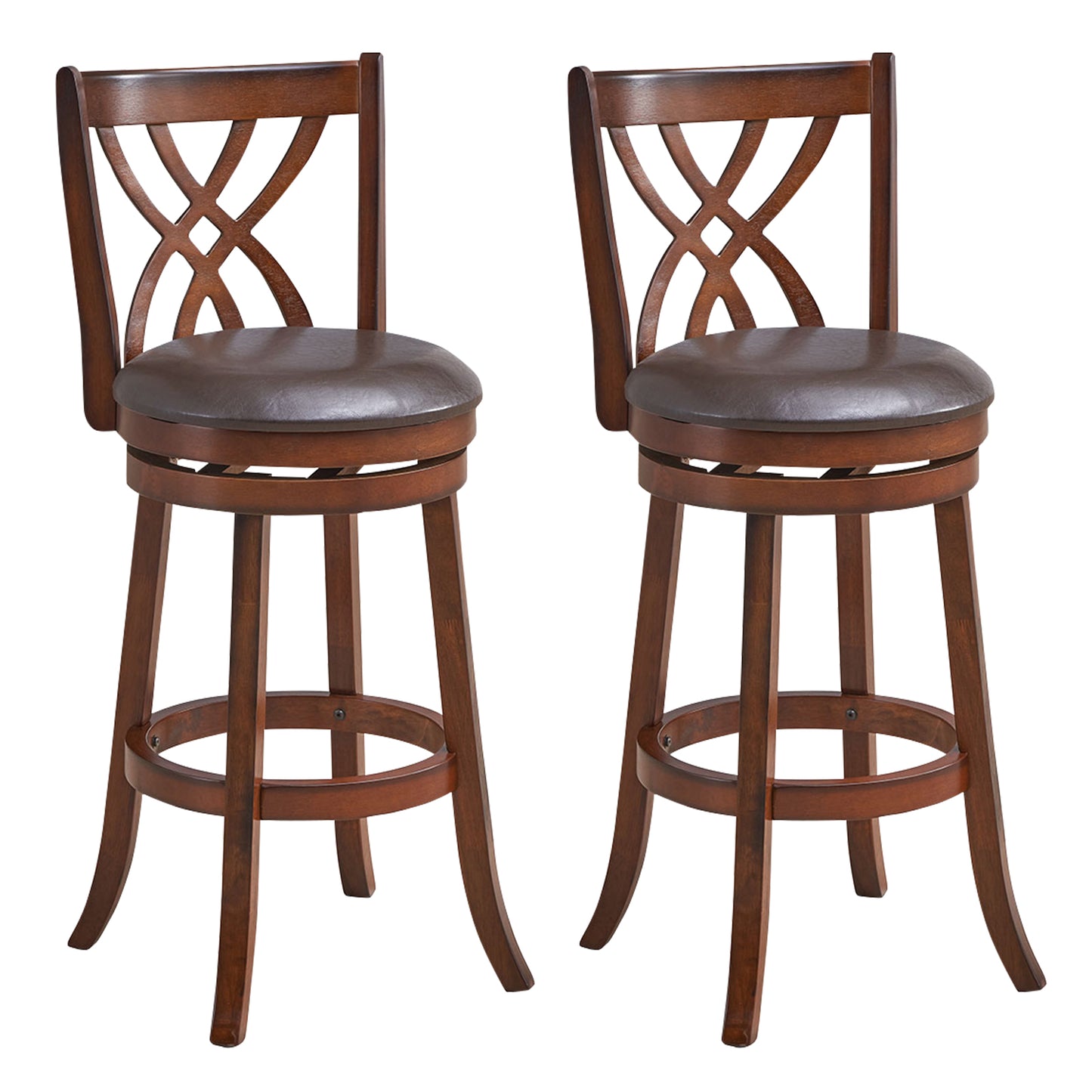 Set of 2 PU Leather 30 Inch Swivel Bar Stools with Footrests and Wooden Backrest