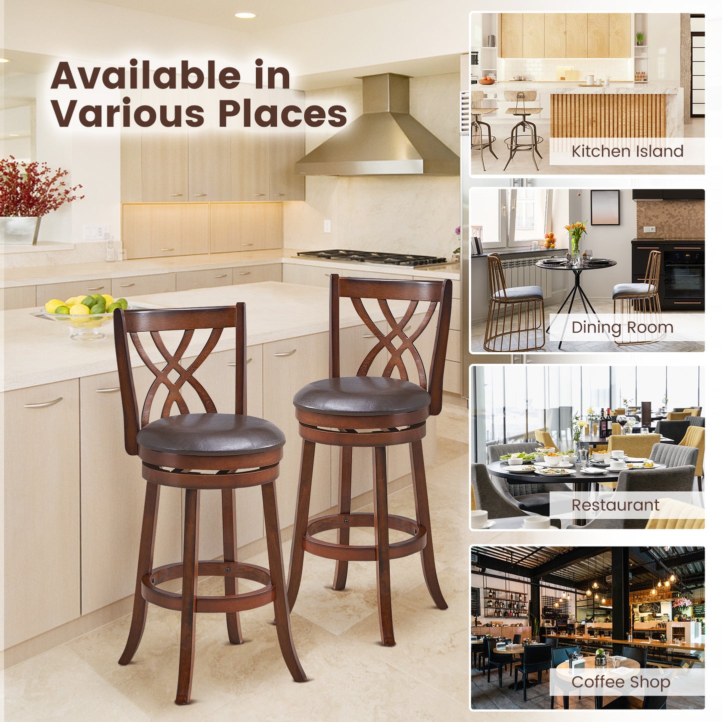 Set of 2 PU Leather 30 Inch Swivel Bar Stools with Footrests and Wooden Backrest