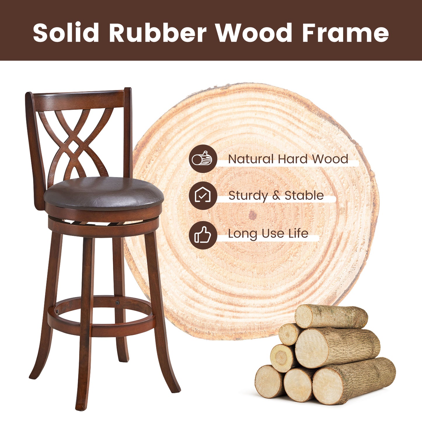 Set of 2 PU Leather 30 Inch Swivel Bar Stools with Footrests and Wooden Backrest