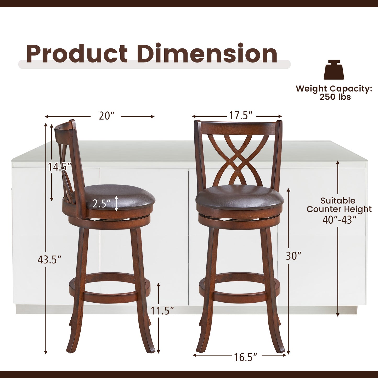 Set of 2 PU Leather 30 Inch Swivel Bar Stools with Footrests and Wooden Backrest