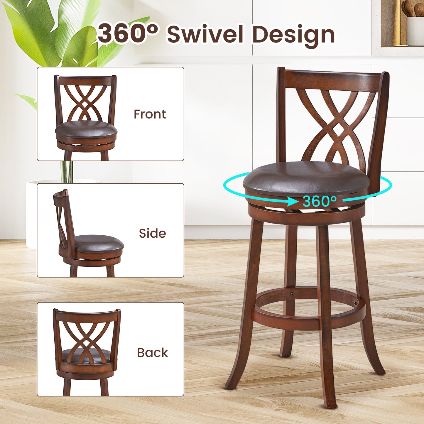 Set of 2 PU Leather 30 Inch Swivel Bar Stools with Footrests and Wooden Backrest