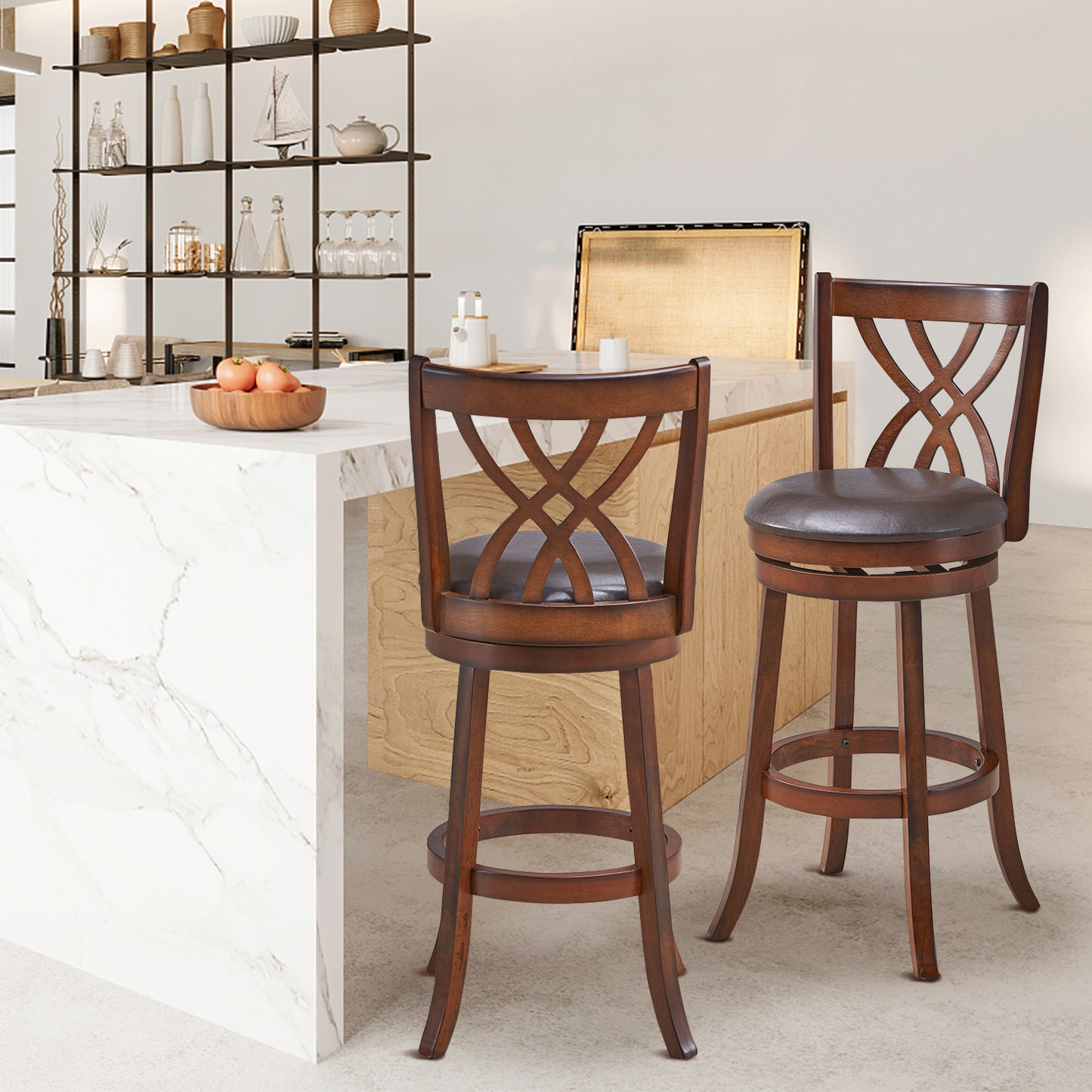 Set of 2 PU Leather 30 Inch Swivel Bar Stools with Footrests and Wooden Backrest