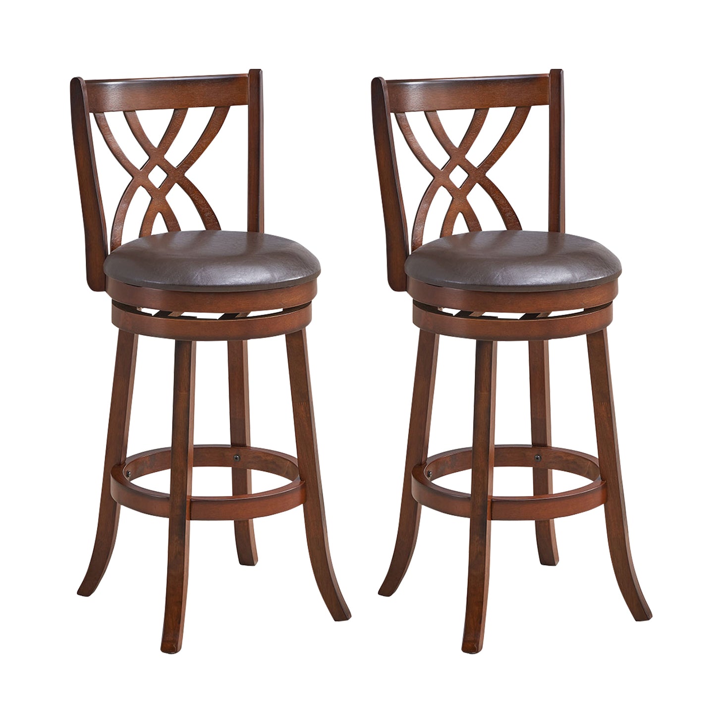 Set of 2 PU Leather 30 Inch Swivel Bar Stools with Footrests and Wooden Backrest
