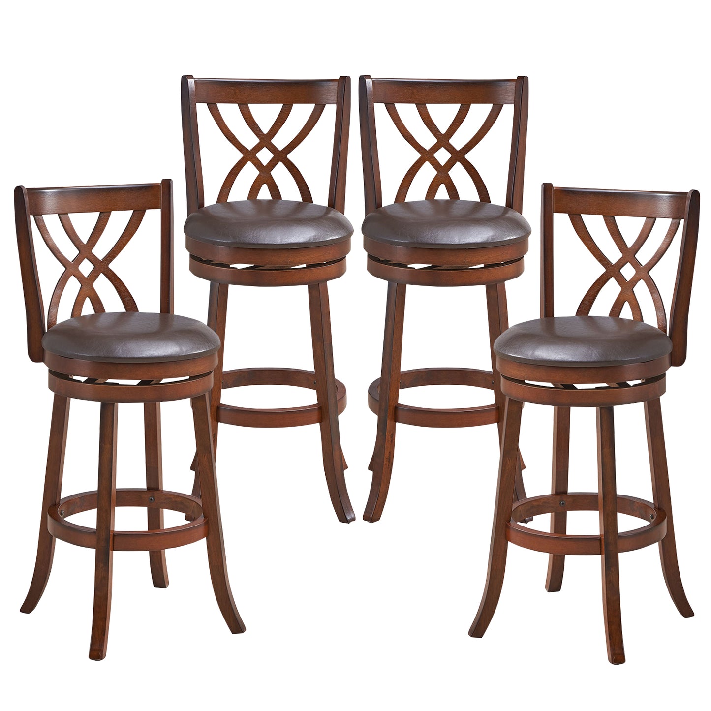 Set of 2 PU Leather 30 Inch Swivel Bar Stools with Footrests and Wooden Backrest