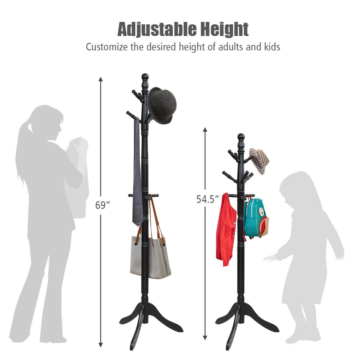 Adjustable Freestanding Wooden Coat Tree with 9 Hooks for Entryway or Bedroom - Black
