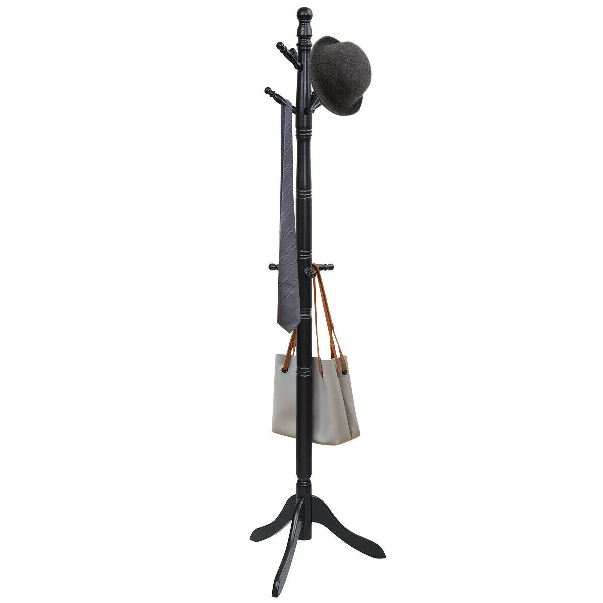 Adjustable Freestanding Wooden Coat Tree with 9 Hooks for Entryway or Bedroom - Black