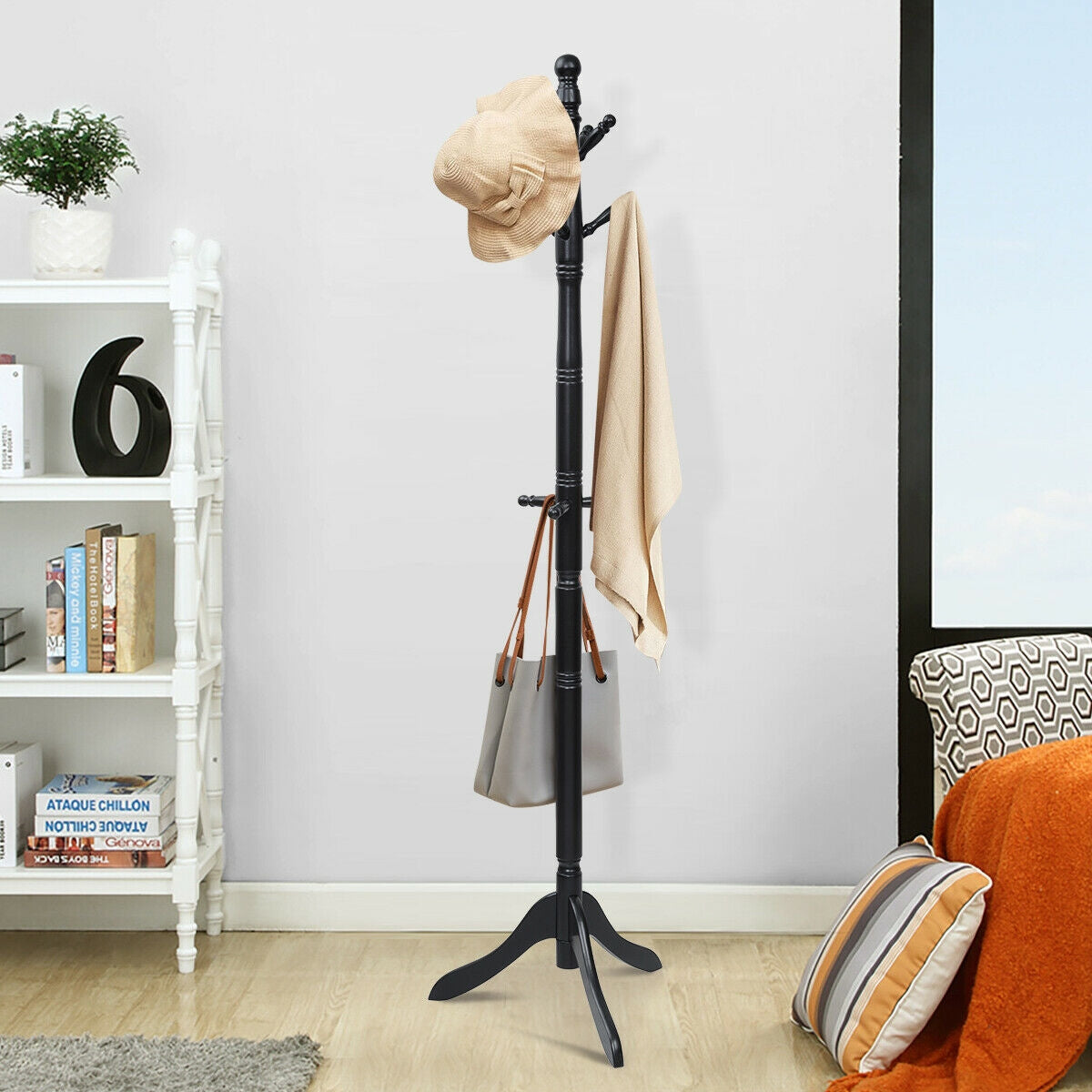 Adjustable Freestanding Wooden Coat Tree with 9 Hooks for Entryway or Bedroom - Black