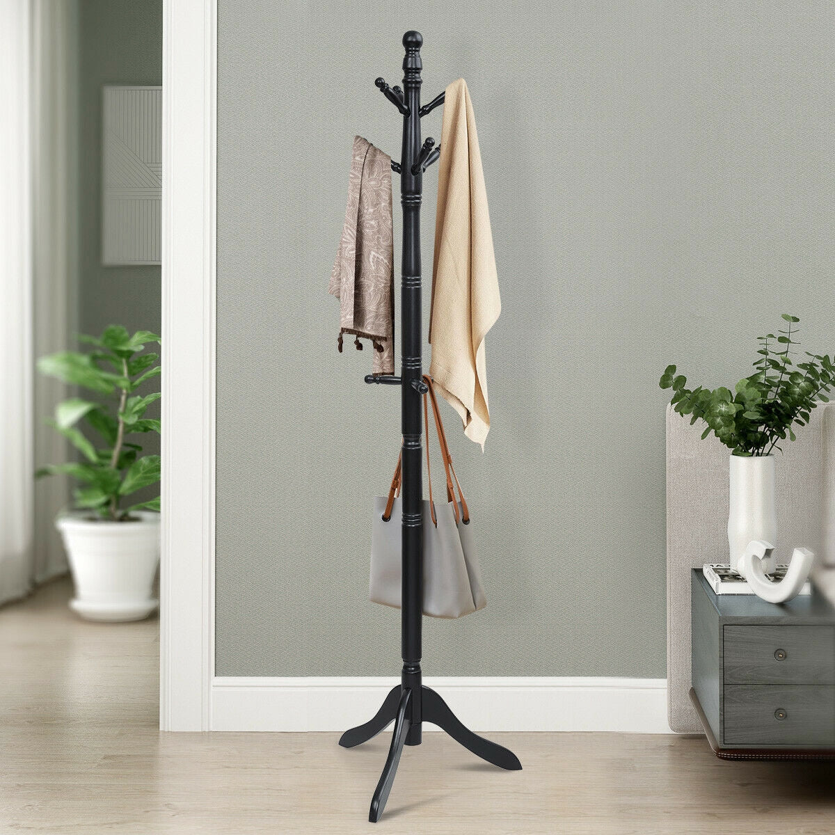 Adjustable Freestanding Wooden Coat Tree with 9 Hooks for Entryway or Bedroom - Black