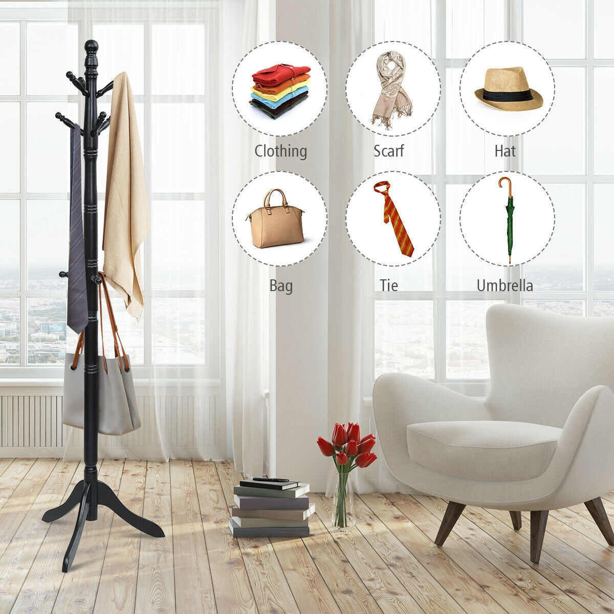 Adjustable Freestanding Wooden Coat Tree with 9 Hooks for Entryway or Bedroom - Black
