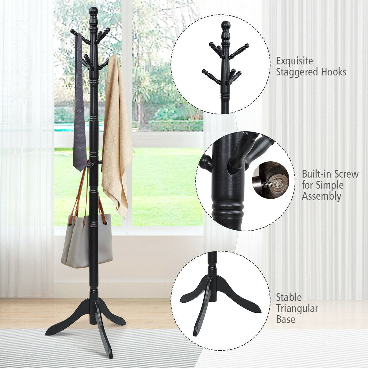 Adjustable Freestanding Wooden Coat Tree with 9 Hooks for Entryway or Bedroom - Black