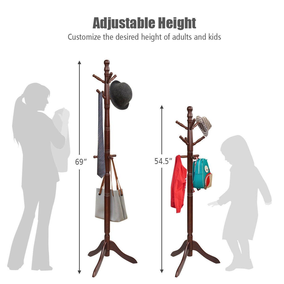 Adjustable Freestanding Wooden Coat Tree with 9 Hooks for Entryway or Bedroom - Brown
