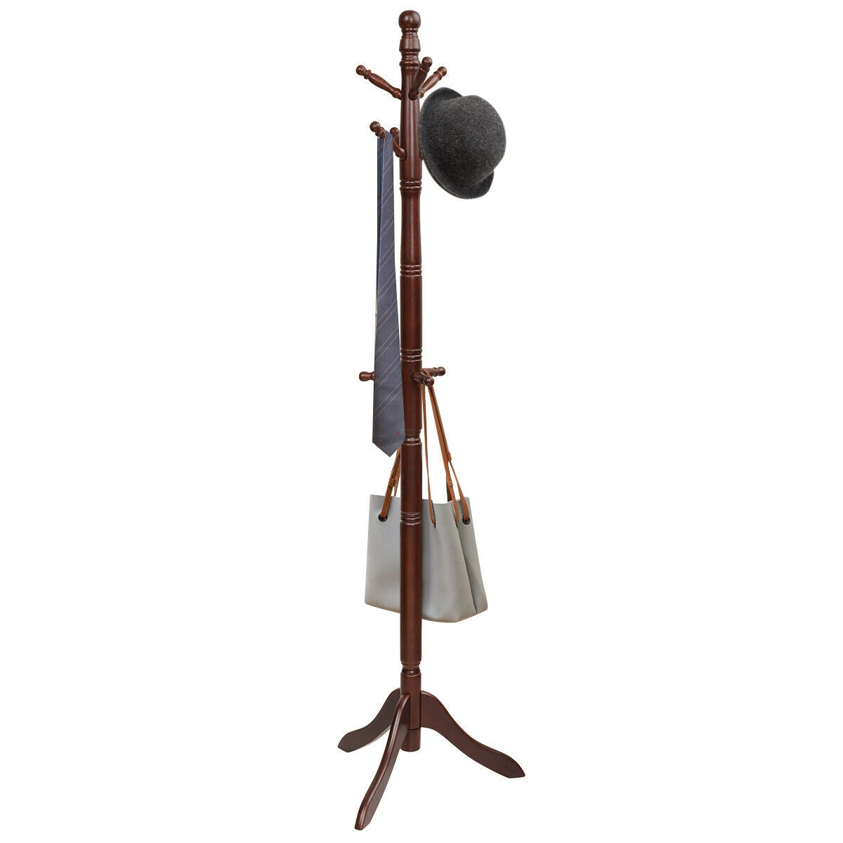 Adjustable Freestanding Wooden Coat Tree with 9 Hooks for Entryway or Bedroom - Brown