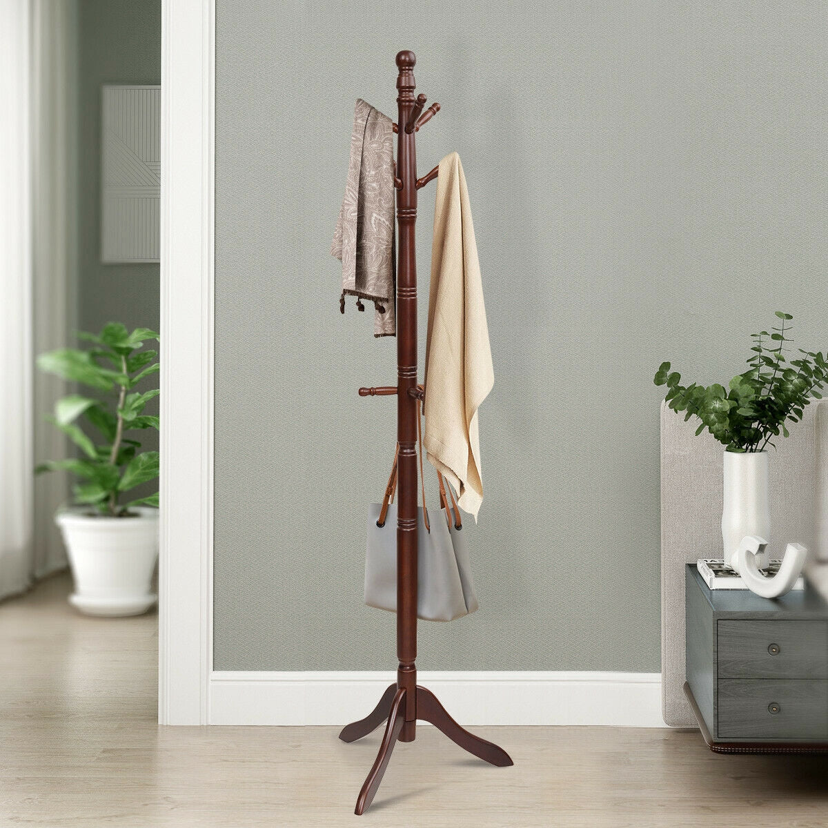 Adjustable Freestanding Wooden Coat Tree with 9 Hooks for Entryway or Bedroom - Brown
