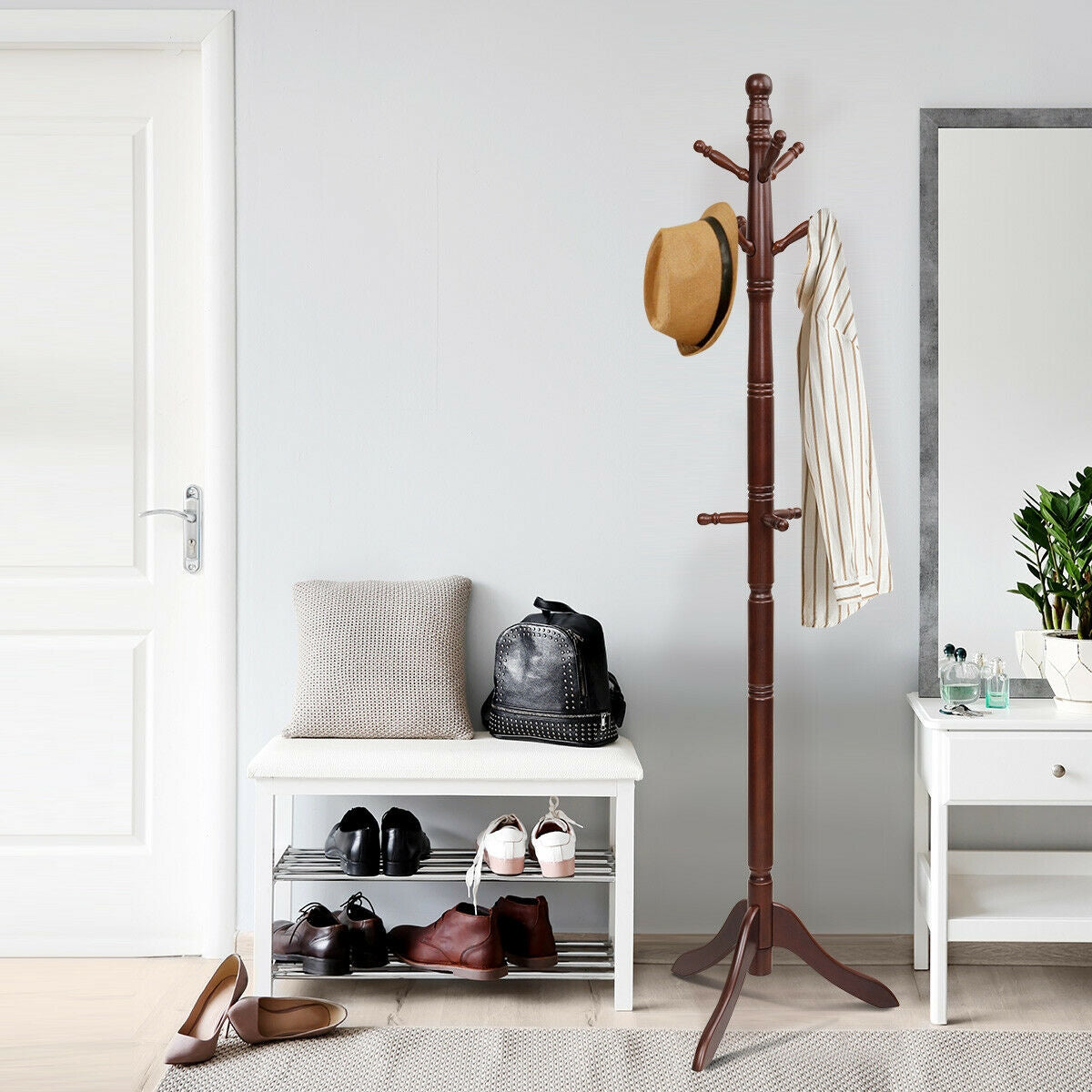 Adjustable Freestanding Wooden Coat Tree with 9 Hooks for Entryway or Bedroom - Brown