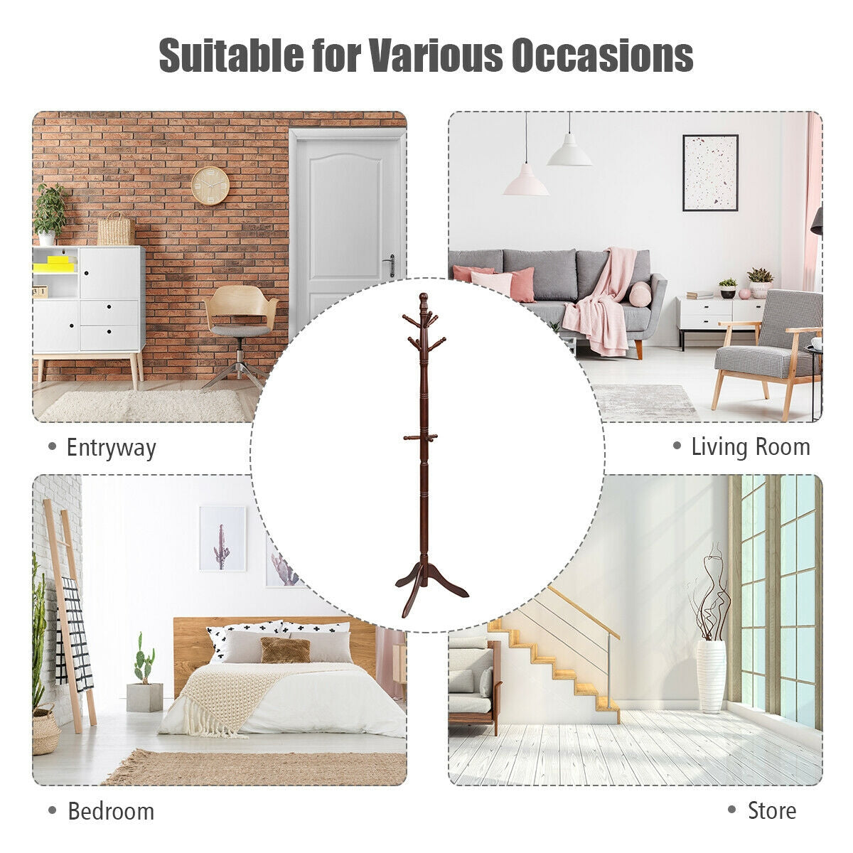 Adjustable Freestanding Wooden Coat Tree with 9 Hooks for Entryway or Bedroom - Brown