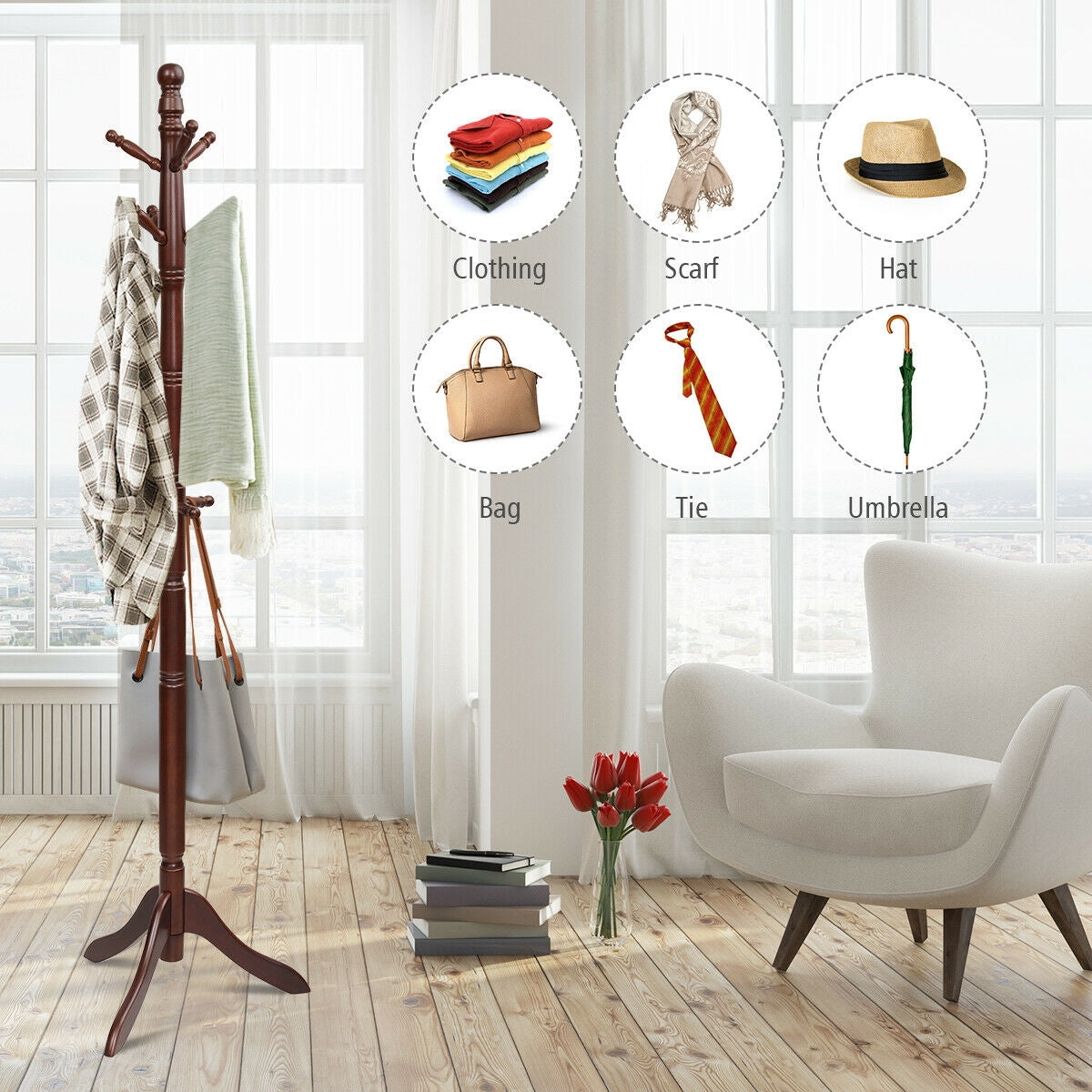 Adjustable Freestanding Wooden Coat Tree with 9 Hooks for Entryway or Bedroom - Brown