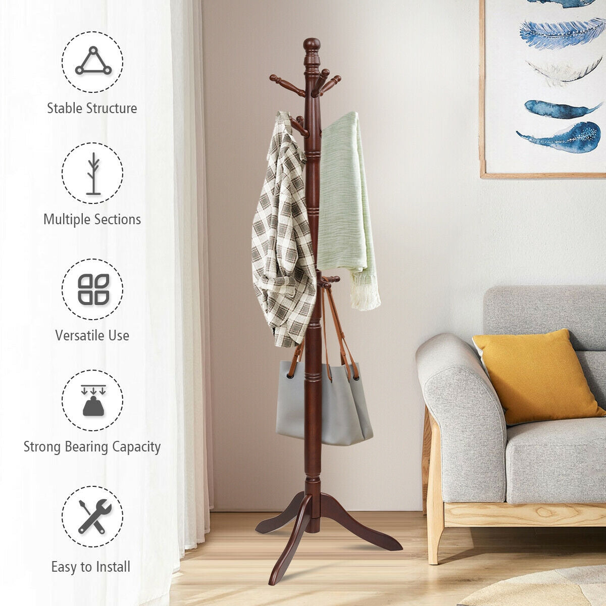 Adjustable Freestanding Wooden Coat Tree with 9 Hooks for Entryway or Bedroom - Brown