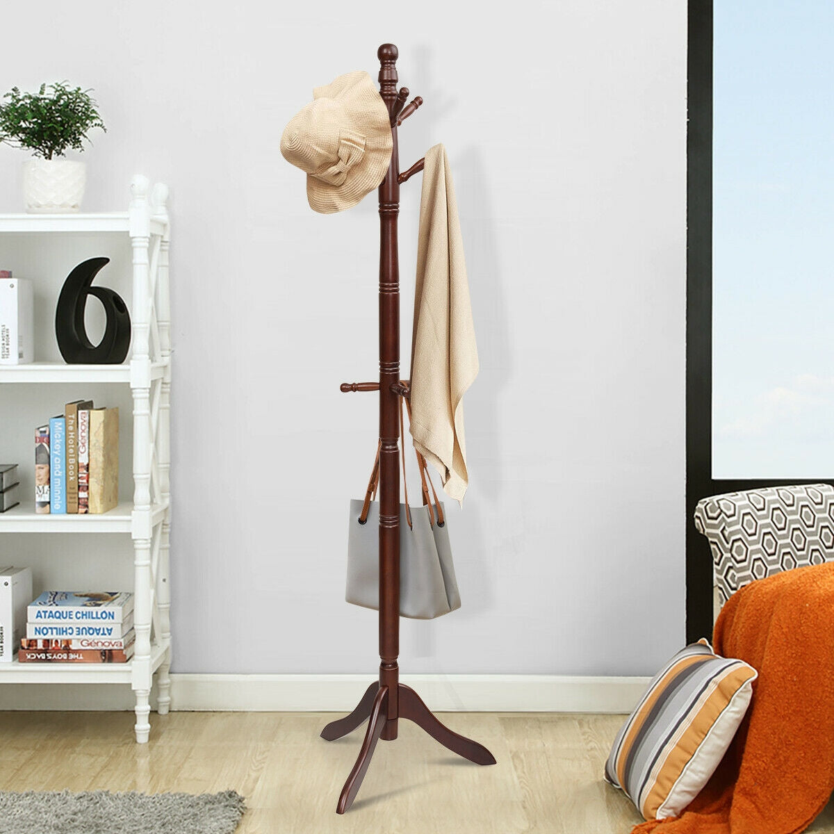 Adjustable Freestanding Wooden Coat Tree with 9 Hooks for Entryway or Bedroom - Brown