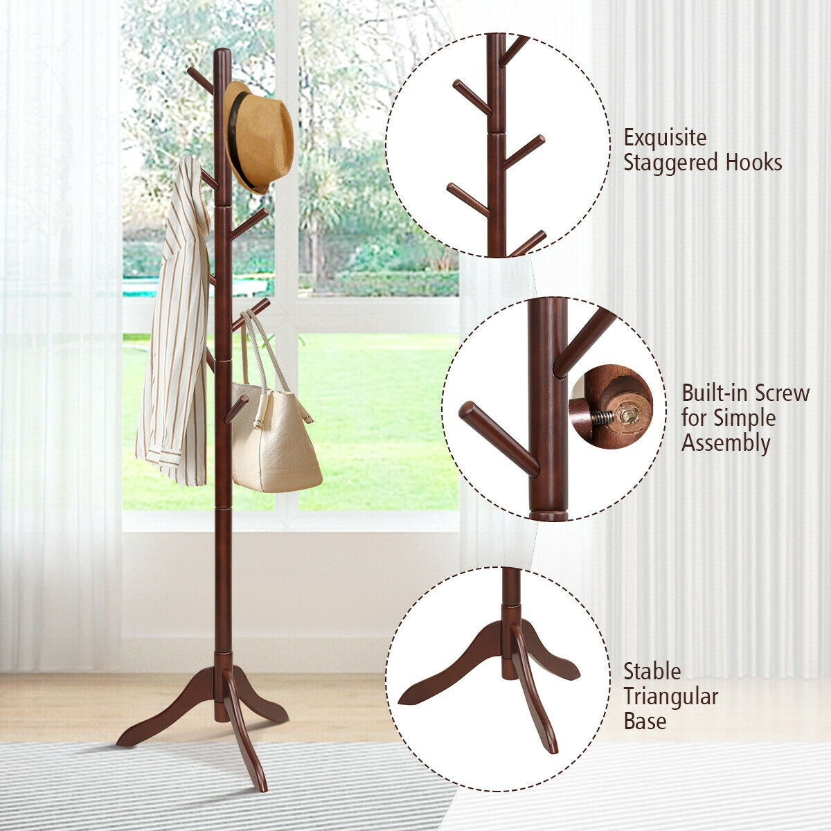 Adjustable Wooden Coat Rack Tree with 8 Hooks in Brown