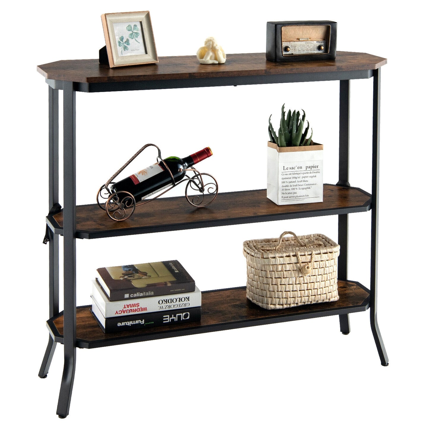 Rustic Charm 3 Tier Console Table with Industrial Steel Frame for Entryway or Living Room