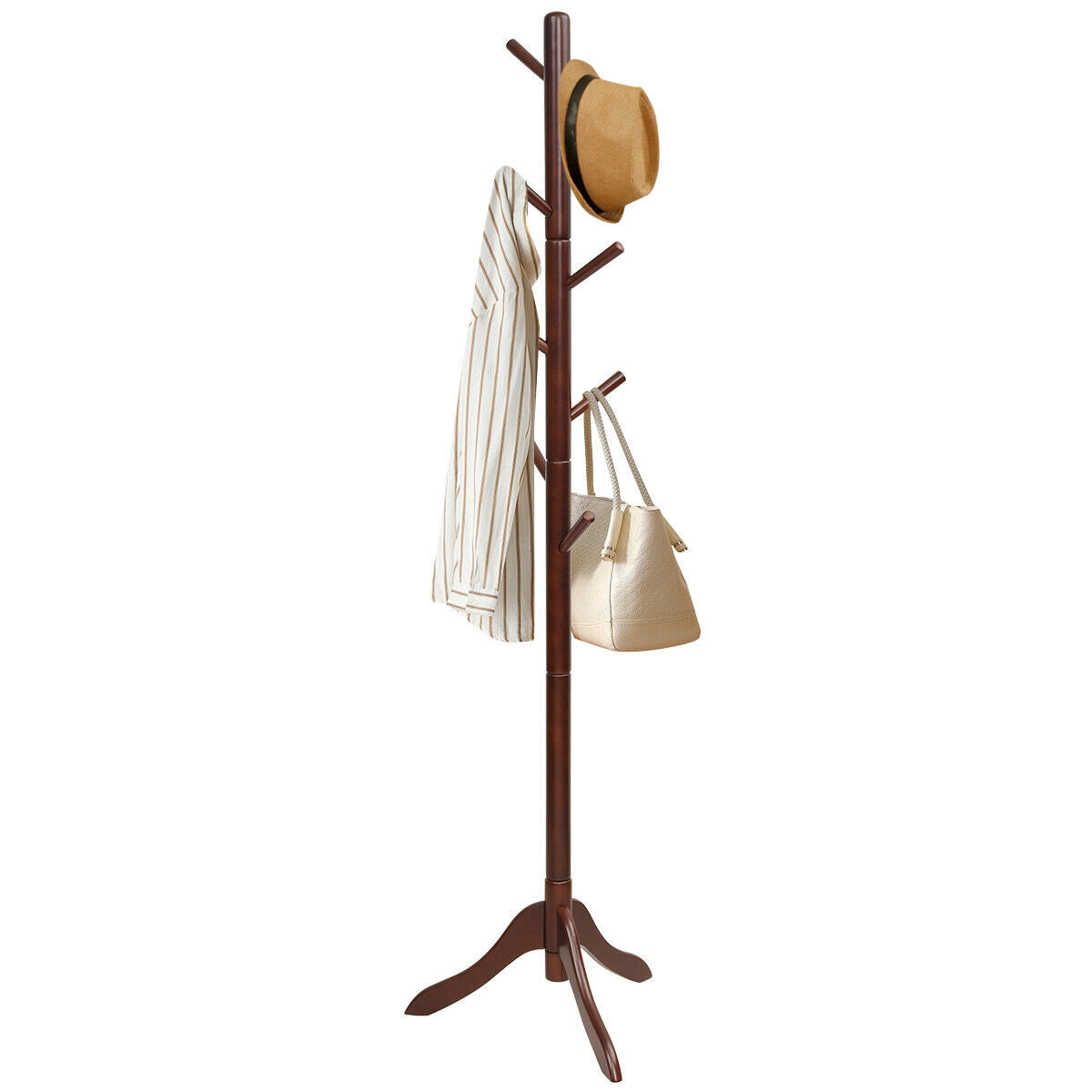 Adjustable Wooden Coat Rack Tree with 8 Hooks in Brown