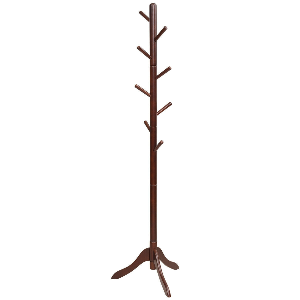 Adjustable Wooden Coat Rack Tree with 8 Hooks in Brown