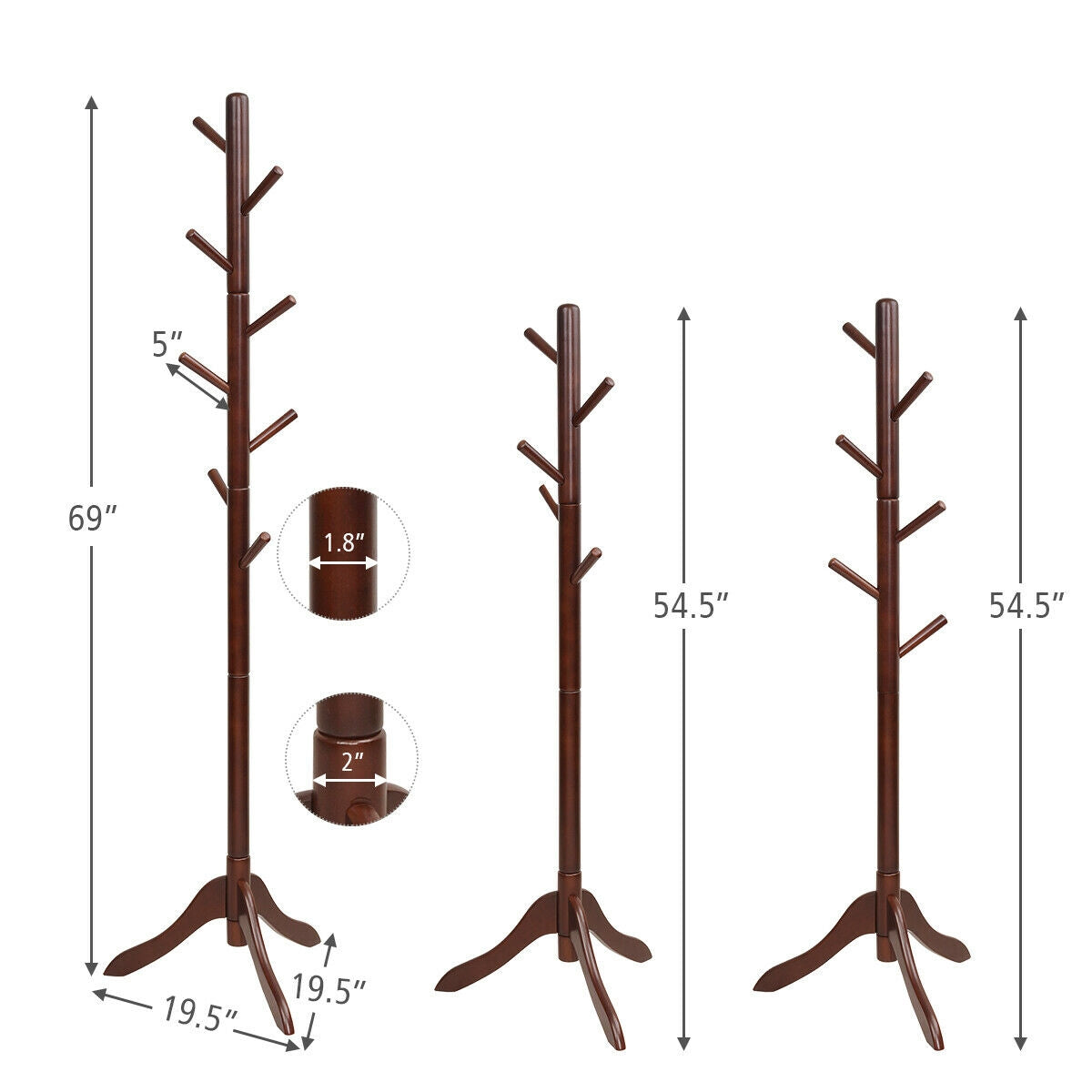Adjustable Wooden Coat Rack Tree with 8 Hooks in Brown