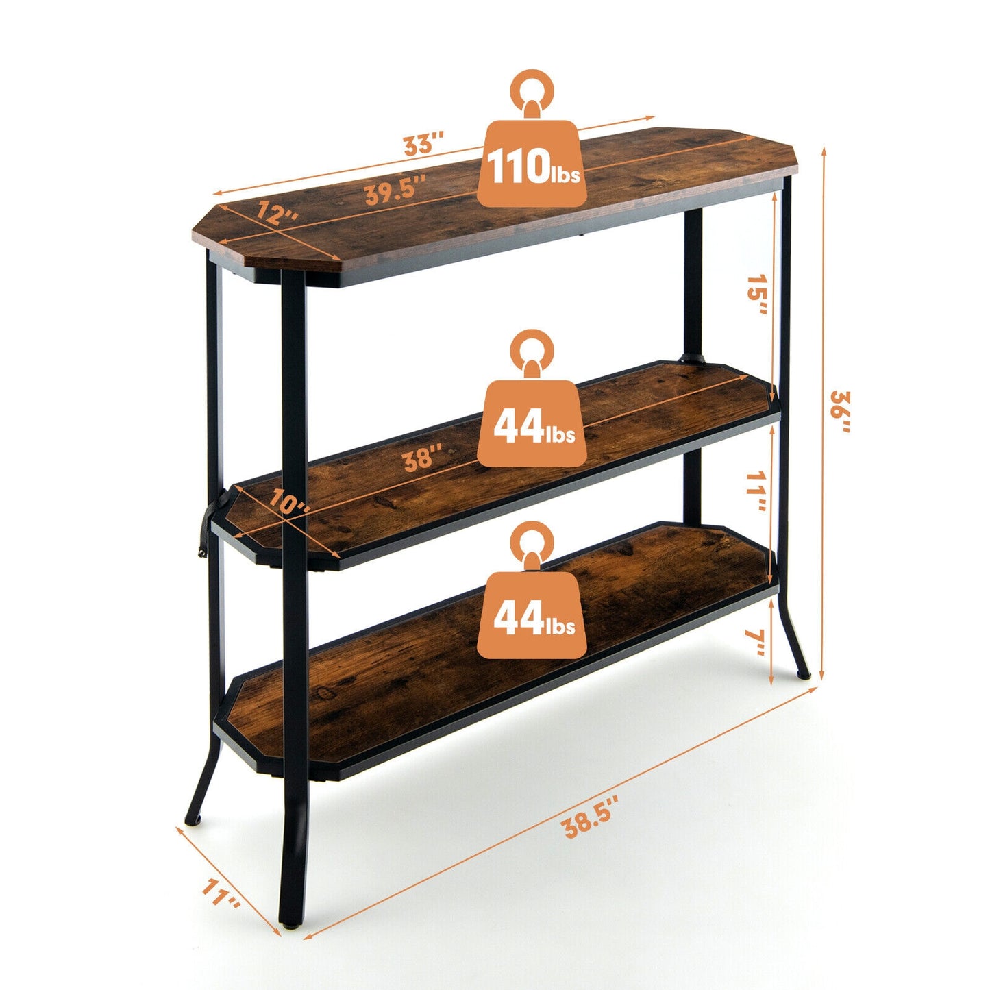 Rustic Charm 3 Tier Console Table with Industrial Steel Frame for Entryway or Living Room