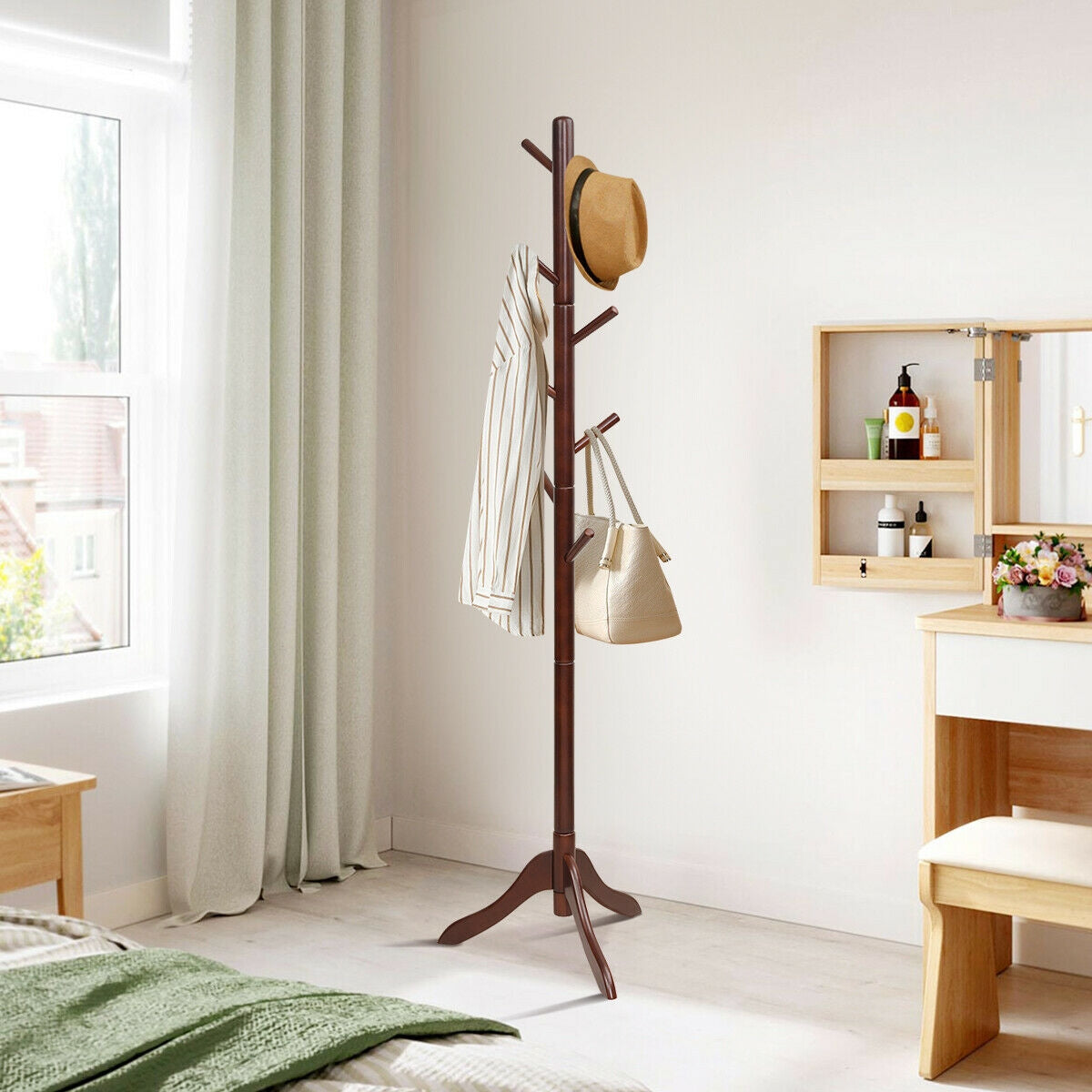 Adjustable Wooden Coat Rack Tree with 8 Hooks in Brown