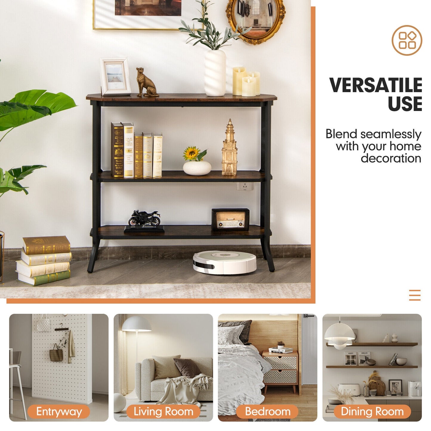 Rustic Charm 3 Tier Console Table with Industrial Steel Frame for Entryway or Living Room