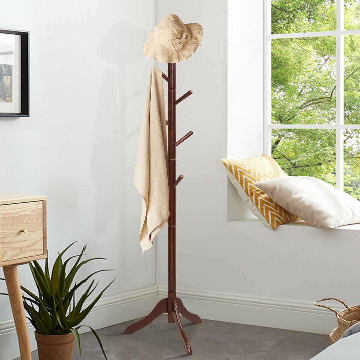 Adjustable Wooden Coat Rack Tree with 8 Hooks in Brown