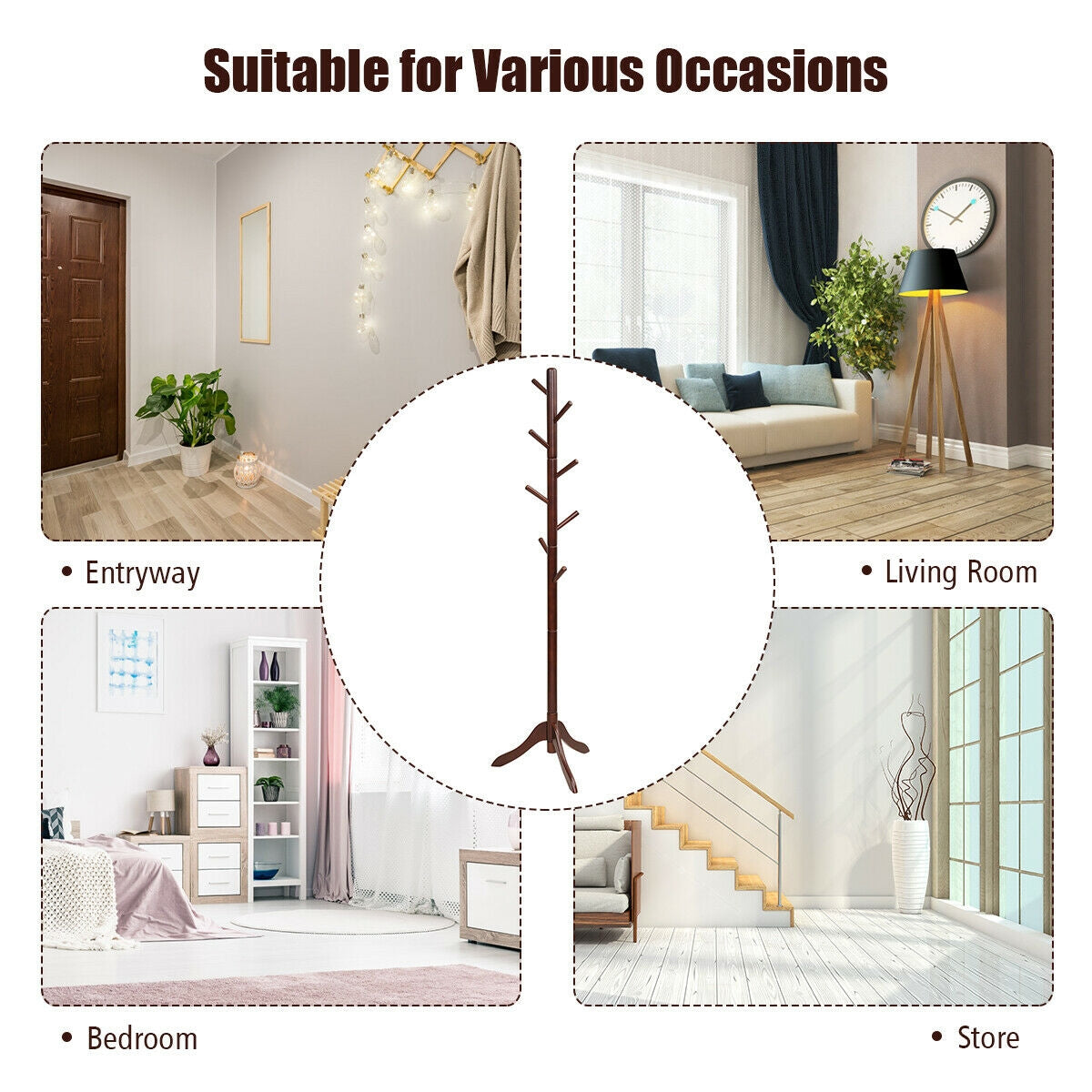 Adjustable Wooden Coat Rack Tree with 8 Hooks in Brown