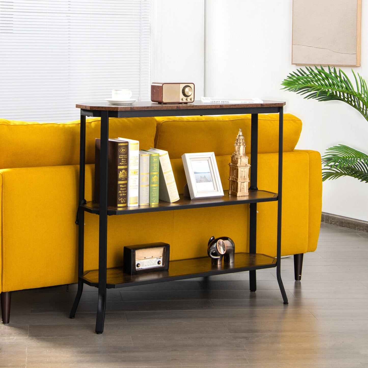 Rustic Charm 3 Tier Console Table with Industrial Steel Frame for Entryway or Living Room