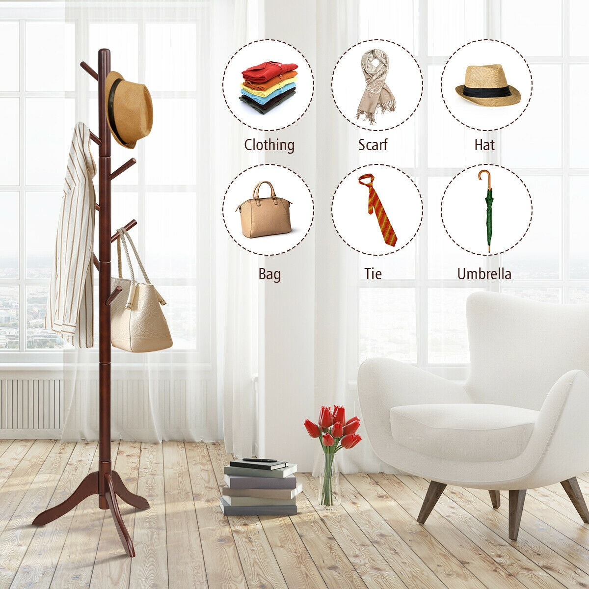 Adjustable Wooden Coat Rack Tree with 8 Hooks in Brown