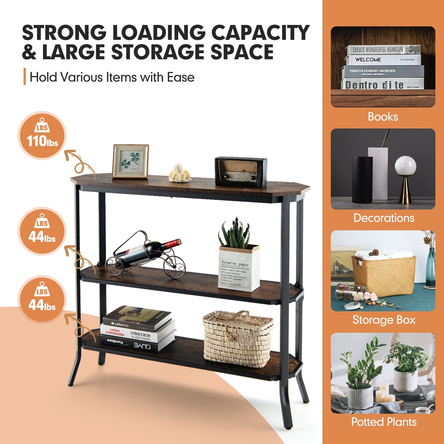 Rustic Charm 3 Tier Console Table with Industrial Steel Frame for Entryway or Living Room