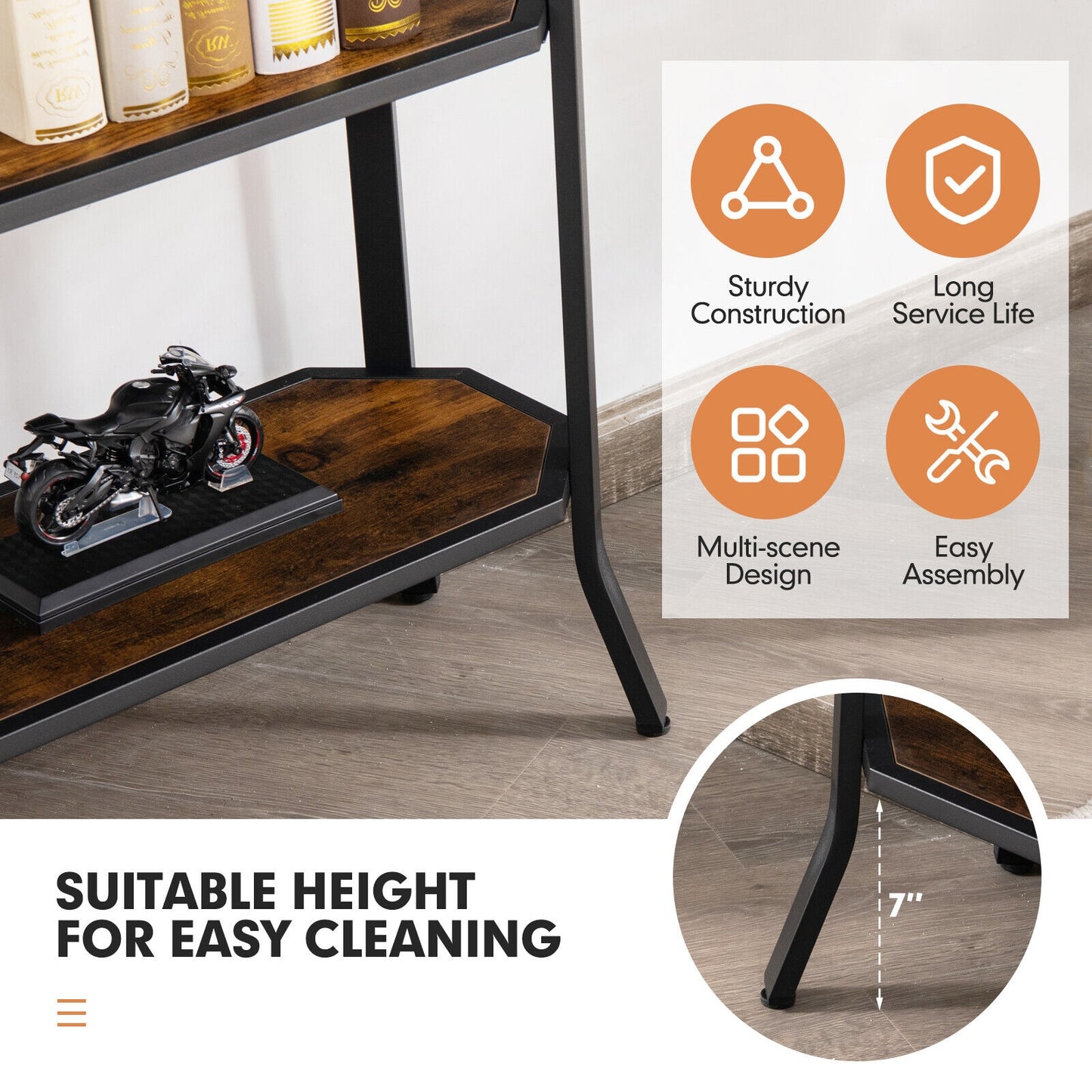 Rustic Charm 3 Tier Console Table with Industrial Steel Frame for Entryway or Living Room