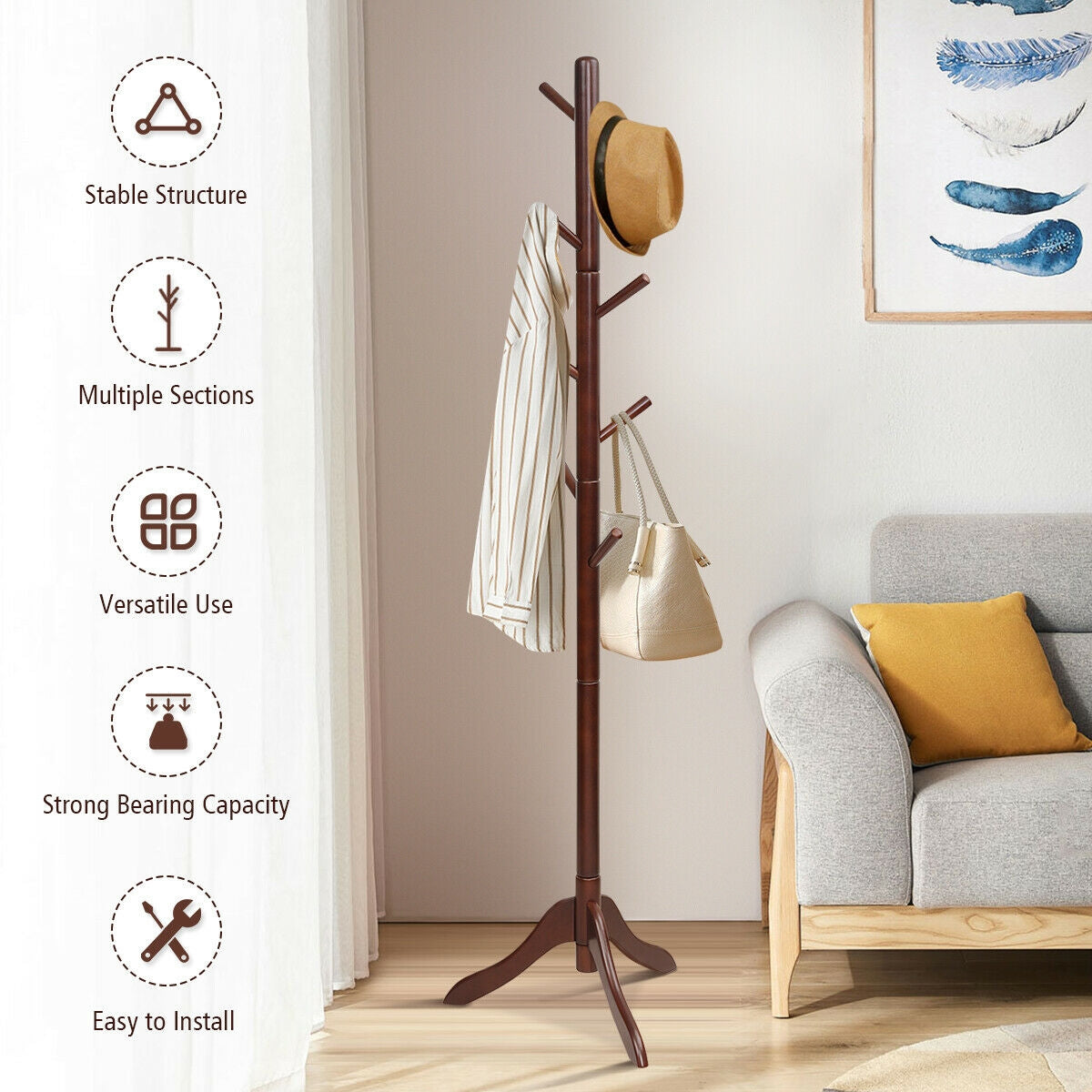 Adjustable Wooden Coat Rack Tree with 8 Hooks in Brown