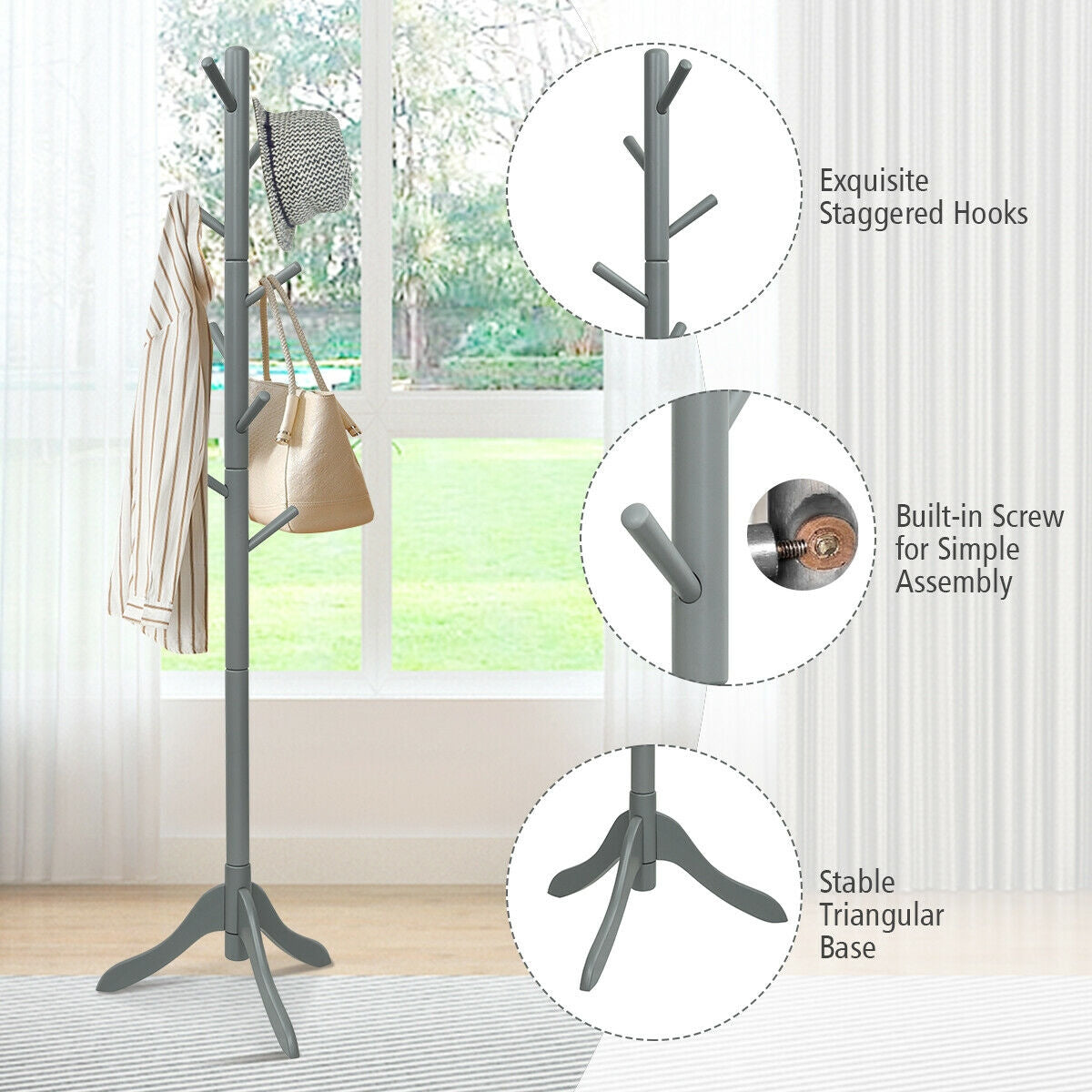 Adjustable Wooden Coat Rack Tree with 8 Hooks in Grey
