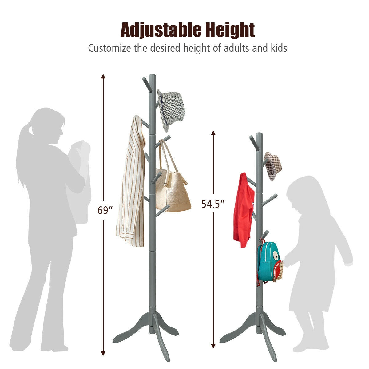Adjustable Wooden Coat Rack Tree with 8 Hooks in Grey