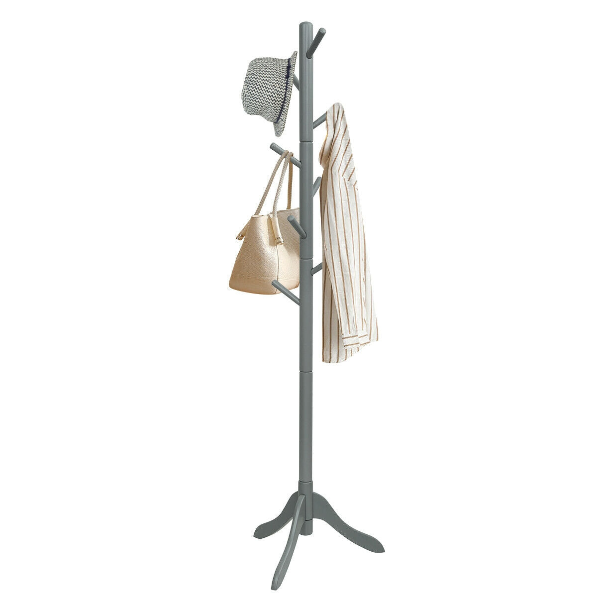 Adjustable Wooden Coat Rack Tree with 8 Hooks in Grey
