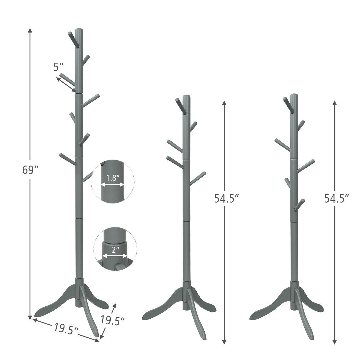 Adjustable Wooden Coat Rack Tree with 8 Hooks in Grey