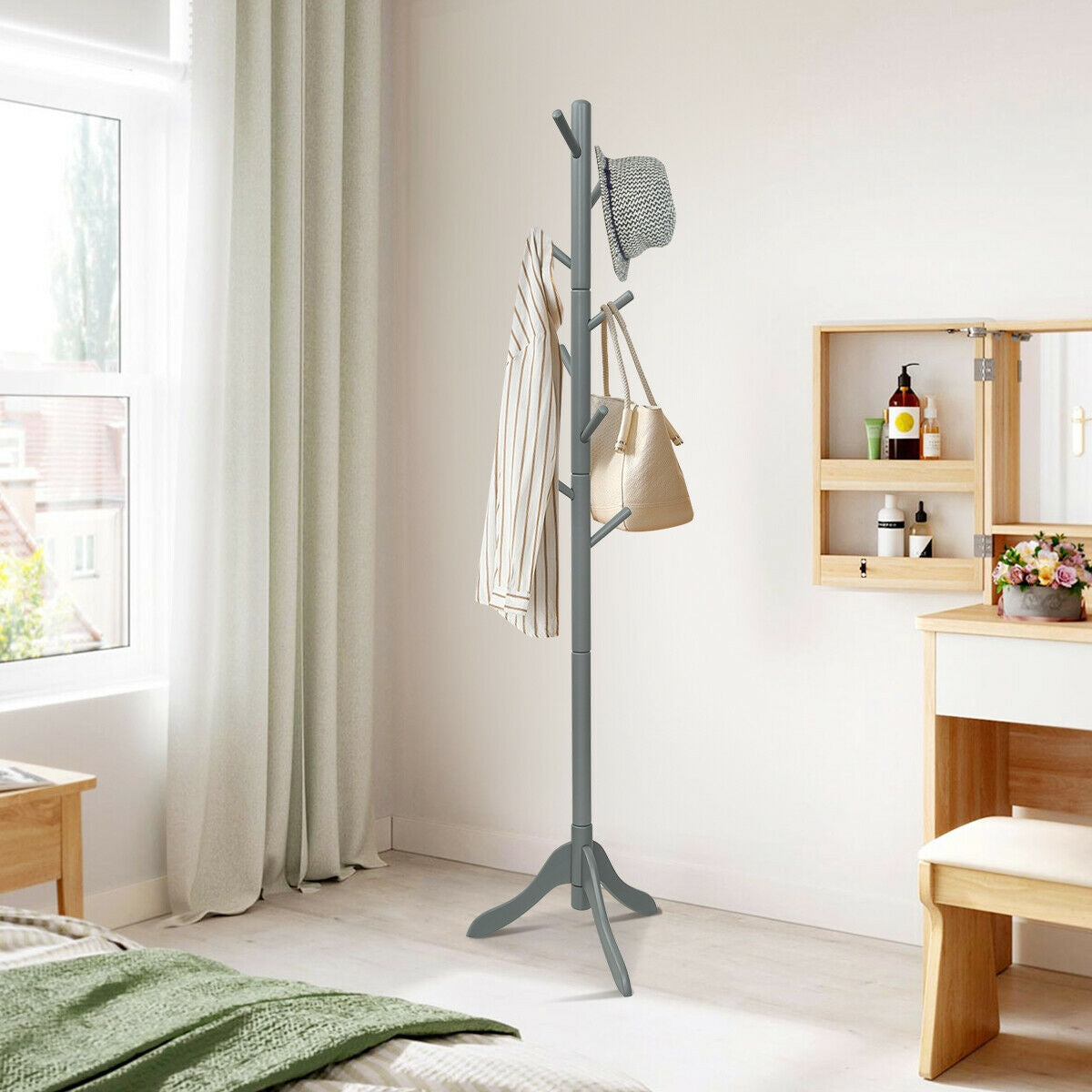 Adjustable Wooden Coat Rack Tree with 8 Hooks in Grey