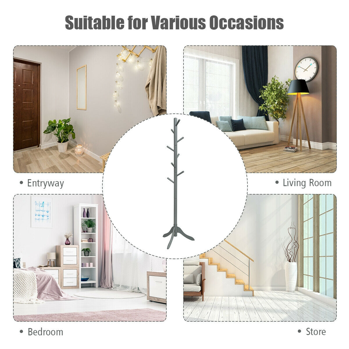 Adjustable Wooden Coat Rack Tree with 8 Hooks in Grey