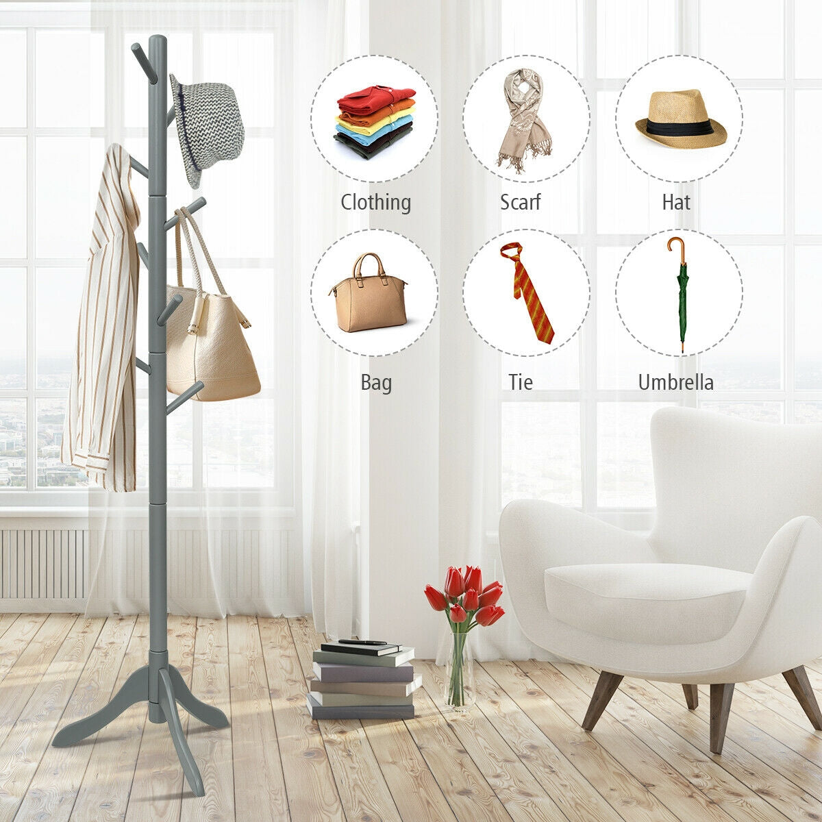 Adjustable Wooden Coat Rack Tree with 8 Hooks in Grey