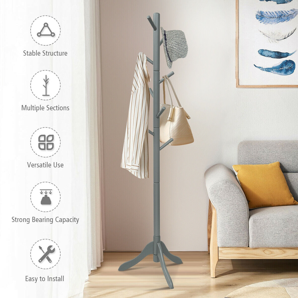 Adjustable Wooden Coat Rack Tree with 8 Hooks in Grey