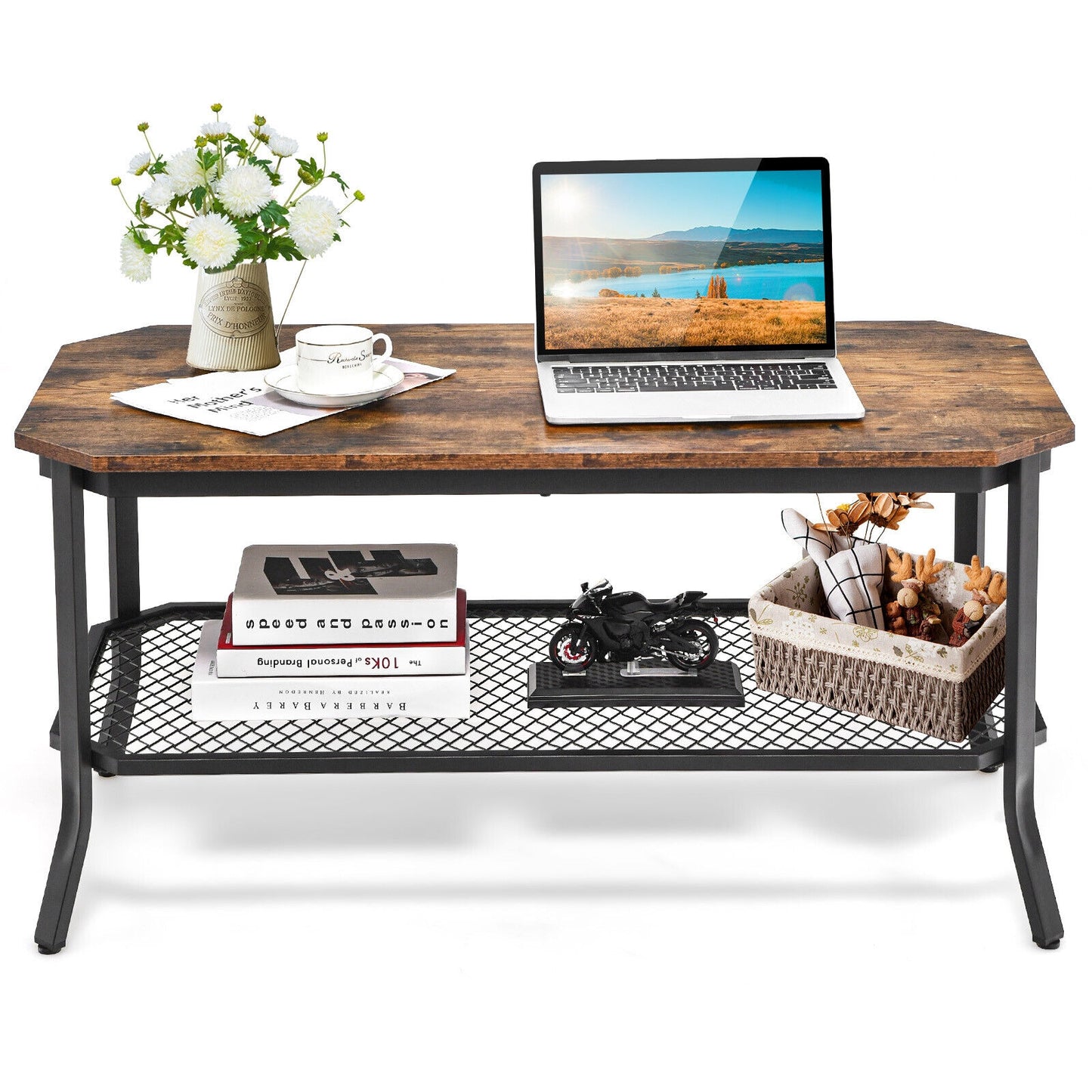 Industrial Coffee Table with Octagonal Top and Metal Mesh Storage Shelf