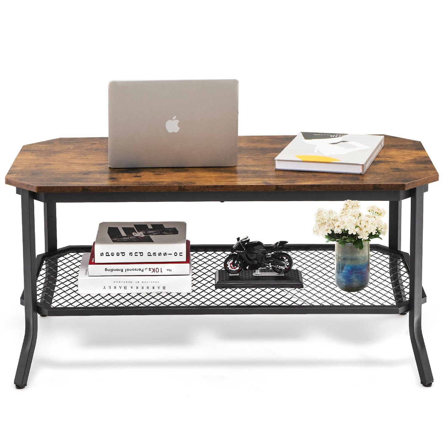 Industrial Coffee Table with Octagonal Top and Metal Mesh Storage Shelf