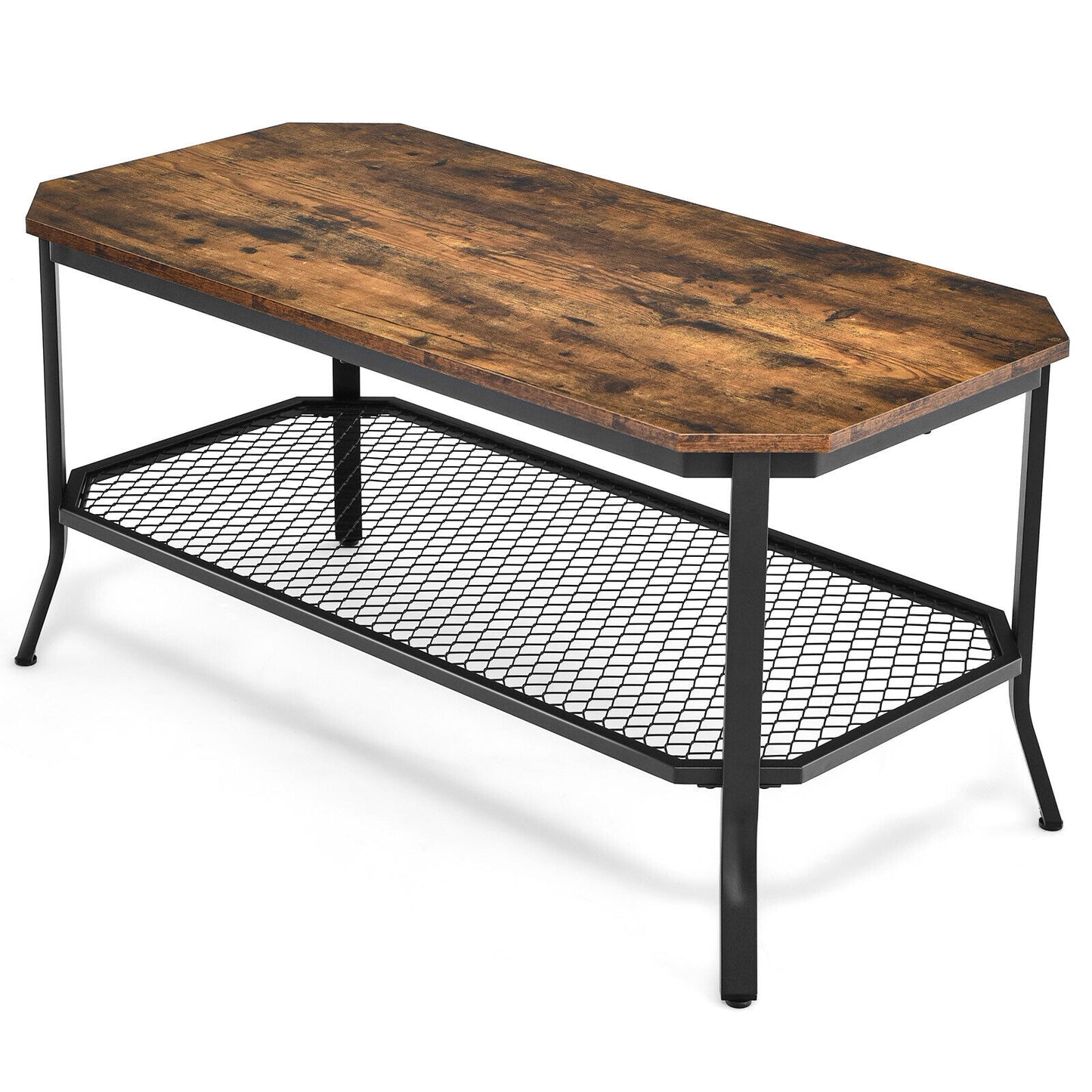 Industrial Coffee Table with Octagonal Top and Metal Mesh Storage Shelf