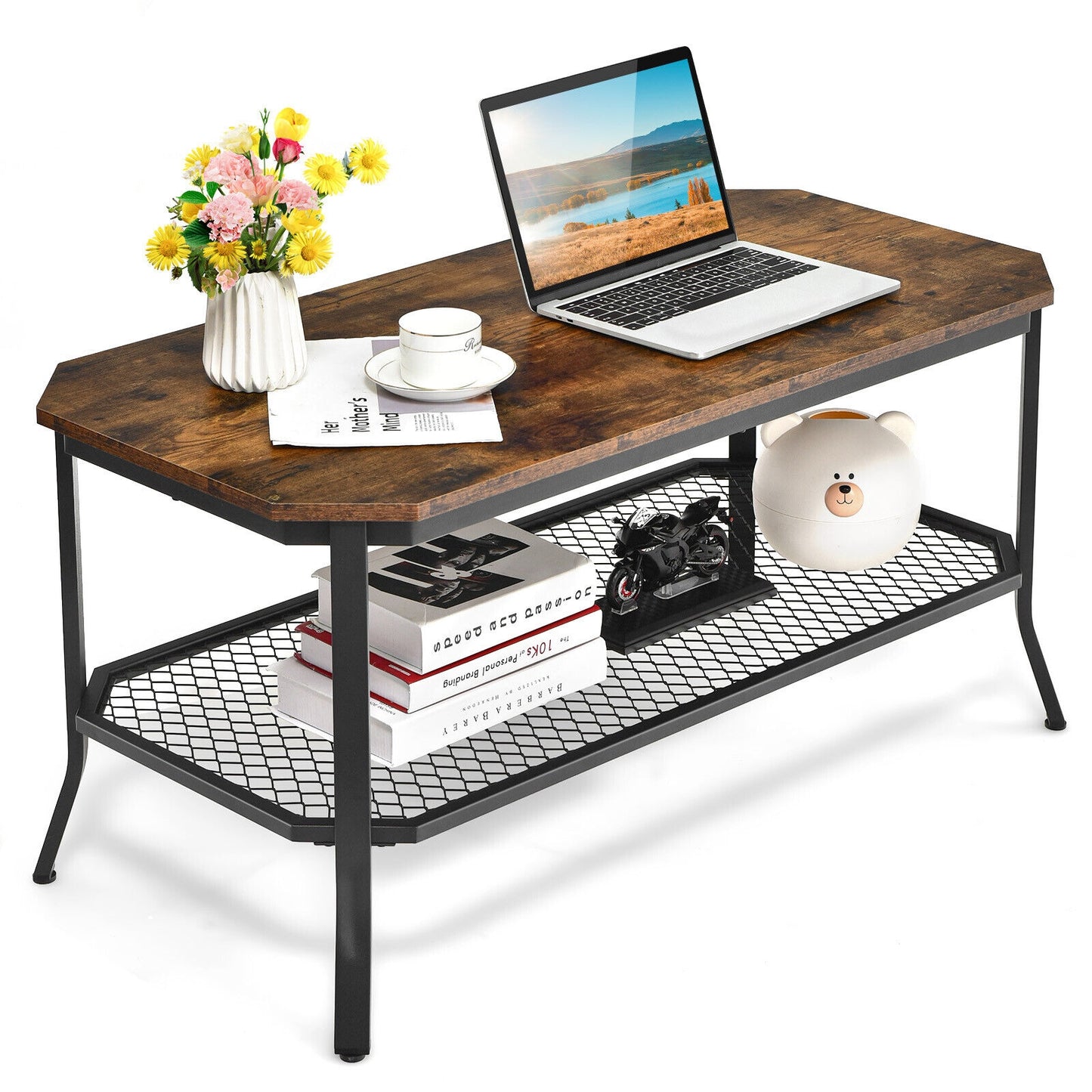 Industrial Coffee Table with Octagonal Top and Metal Mesh Storage Shelf